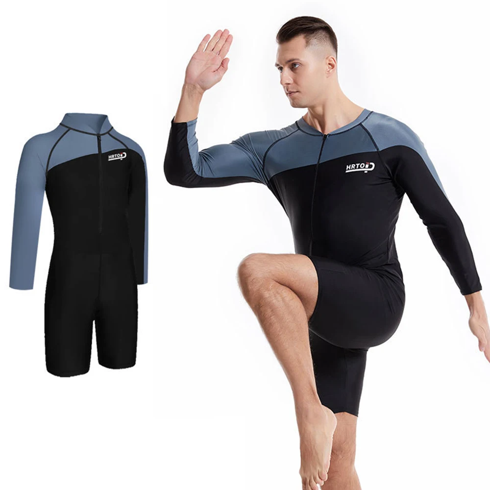 Men's One-Piece Long-Sleeved Sunscreen Swimsuit Beach Quick-Drying Snorkeling Surfing Suit Front Zipper Water Sports Swimsuit