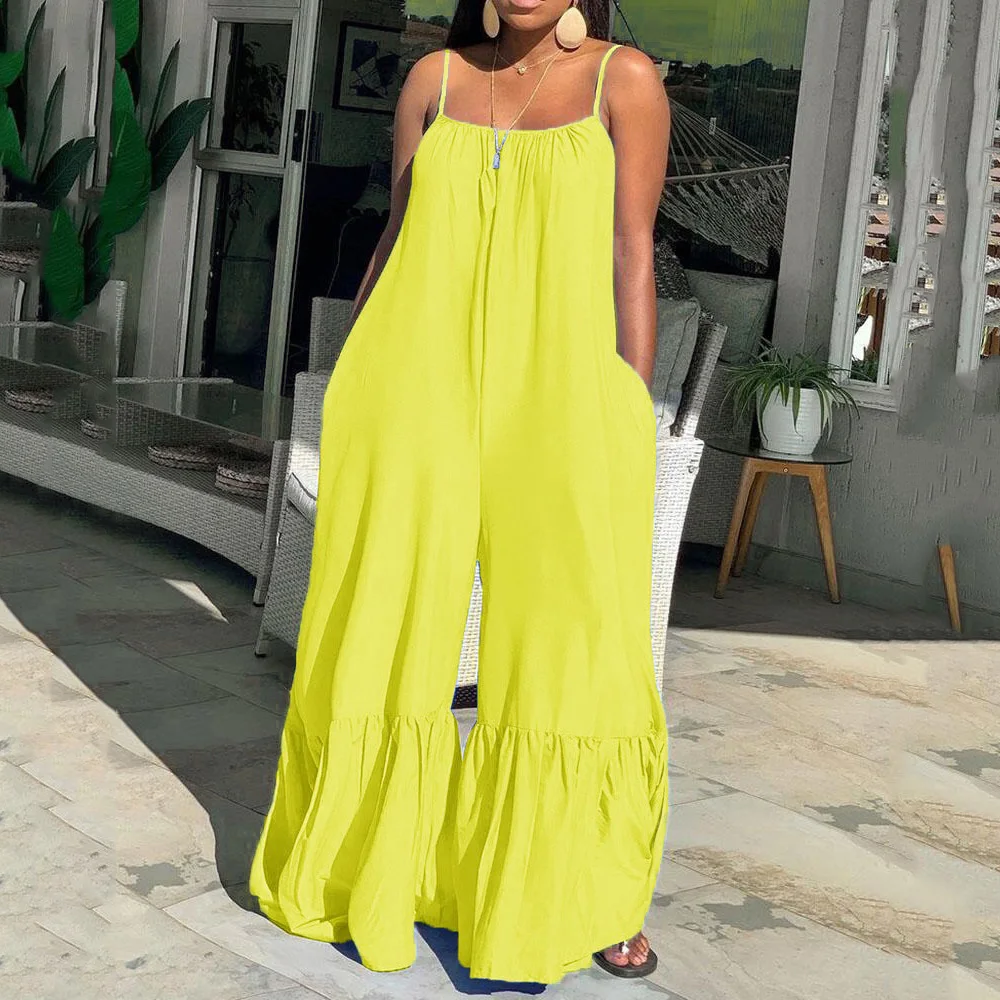 2023 Loose Jumpsuits Women Blue Spaghetti Strap Flare Pants Oversized Boho Fashion High Street Wear Long Jumpsuits Indie Bodycon