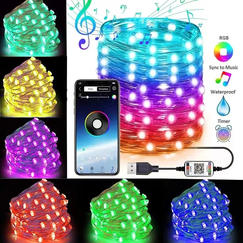 Christmas Tree Decoration LED Lights Smart Bluetooth Control USB LED String Lamp Outdoor App Remote Control Garland Fairy Lights