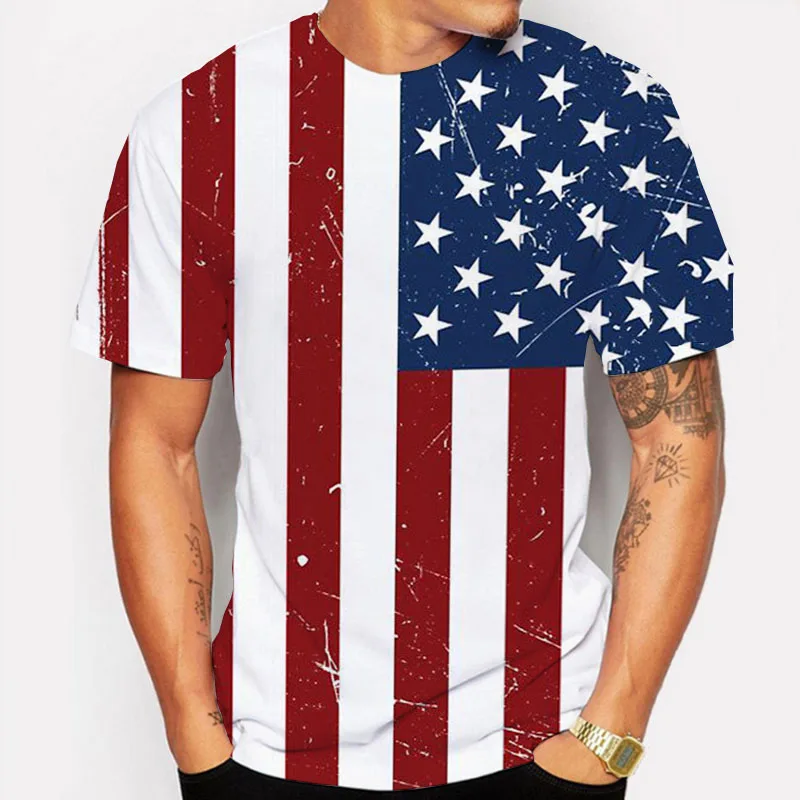 Летняя мужская одежда футболка с круглым вырезом 3D рисунок флага США модная