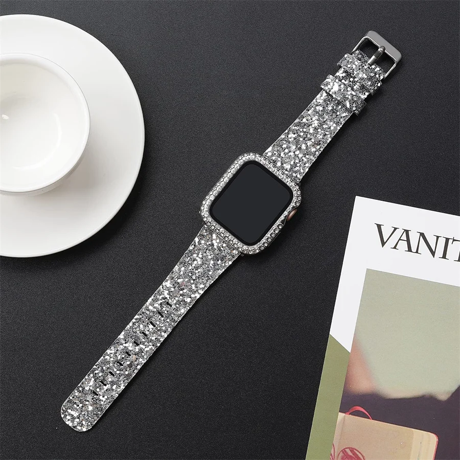 Glitter Leather Band for Apple Watch ultra 49mm 38mm 40/41mm 42mm 44mm 41mm 45mm Shiny Women Strap IWatch Series 8 7 6 5 4 3 SE