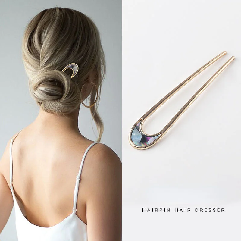 

Fashion Hair Accessories Metal U Shape Hair Stick for Women Silver Gold Color Elegant Shell Enamel Hairpin Female Headwear New