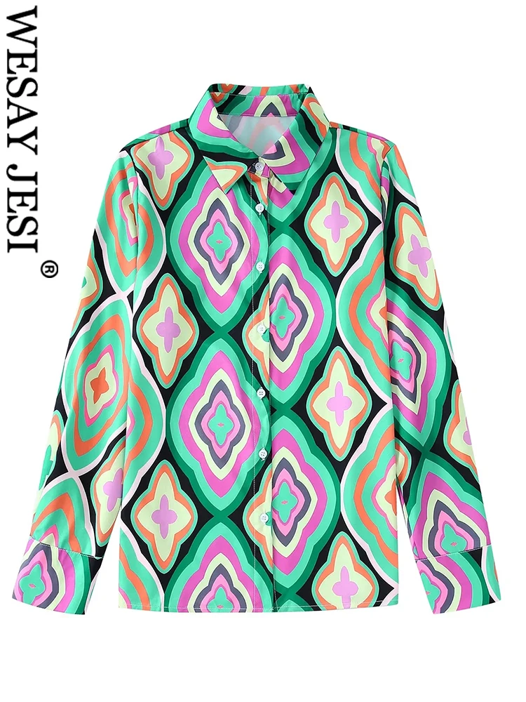 

WESAY JESI легкий свободный однобортный женский Топ с длинным рукавом Повседневный Ретро бриллиантовый принт шифоновая приятная для кожи блузк...