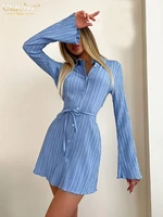 clacive fashion blue pleated mini drss autumn lapel long sleeve bodycon dress casual single breasted elegant dresses for women