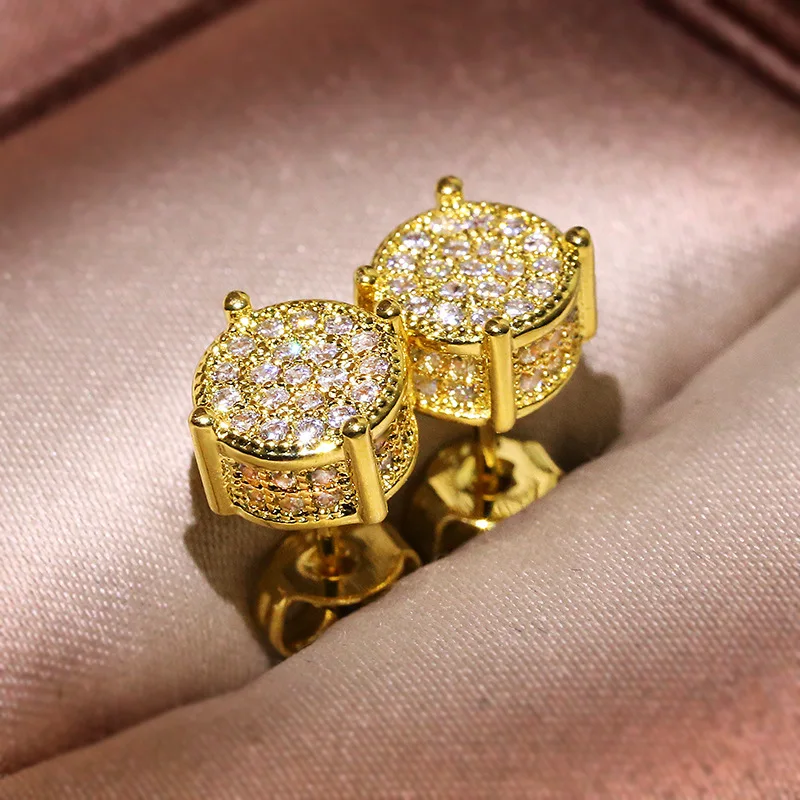 

Hip Hop 925 Silver Needle Stud Earrings White Zircon Roce Gold Plated Jewelry for Men Women