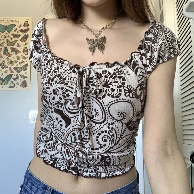

Summer New Women Wrapped Shirt Short Sleeve Round Neck Retro Print Tops Casual Street Party Sweater Skin-Friendly Daily Wear