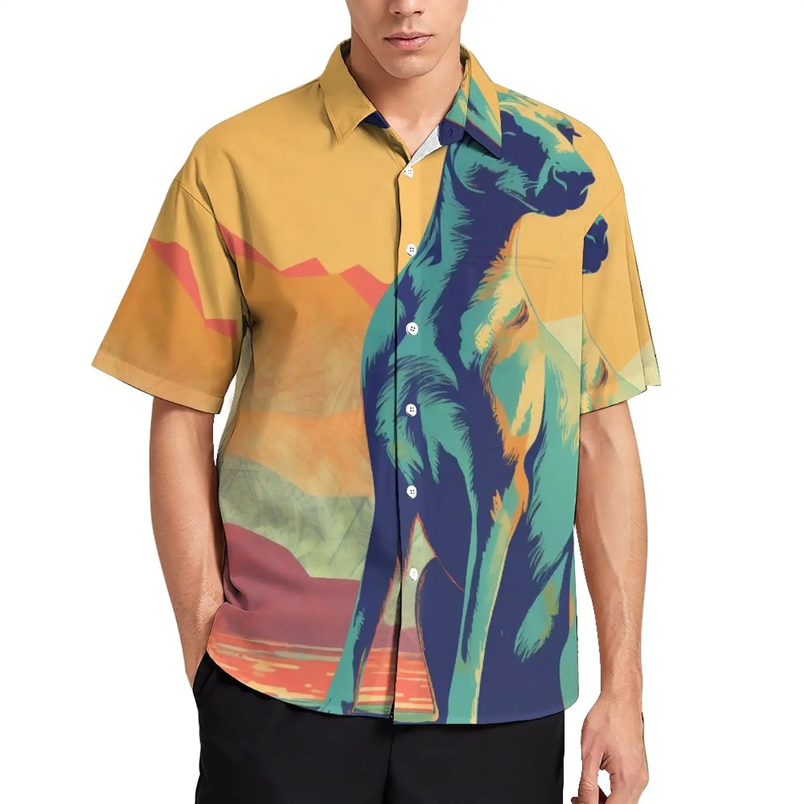 

Kangaroo Casual Shirts Neo Fauvism Vacation Shirt Summer Fashion Blouses Male Print Plus Size