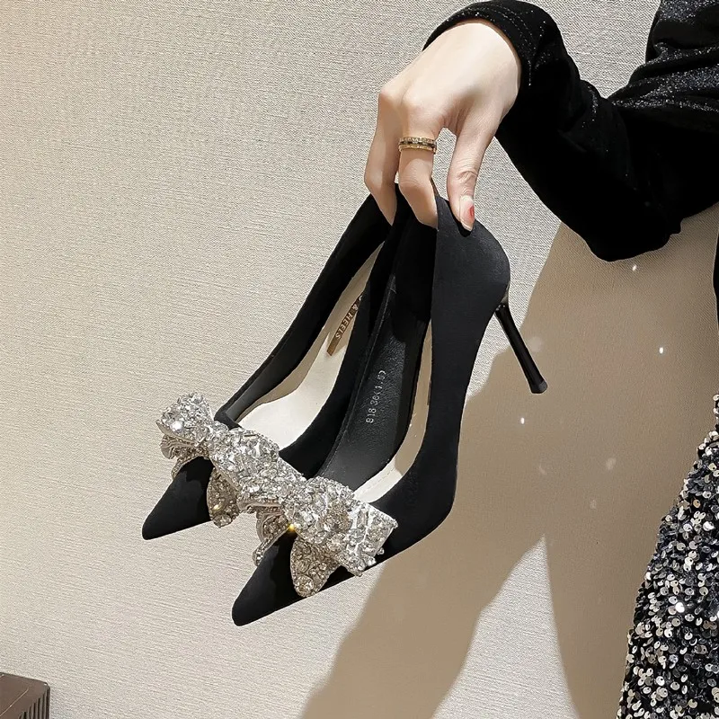 

New Black Women's Bowknot Pumps Sexy Strappy Rhinestone Open Toe Shoes High Heels Shoes Fashion Work Dress Shoes