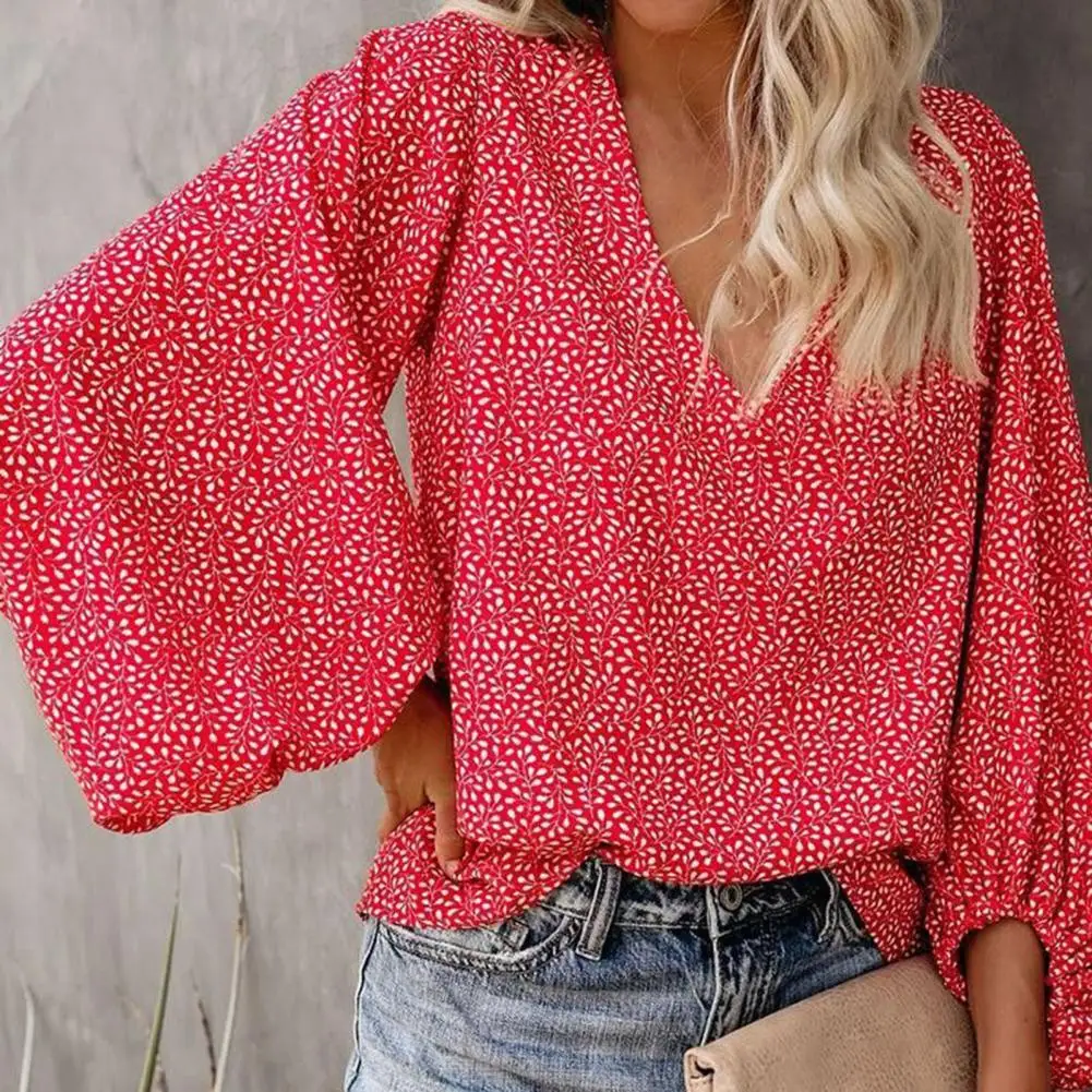 

Vintage T-shirt V Neck Women Blouse Printed Long Sleeve Loose Blouse