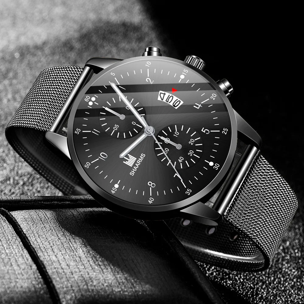 

New Famous Luxury Men Business Calendar Watches Mens Stainless Steel Mesh Casual Quartz Watch Relogio Masculino Male Wristwatch