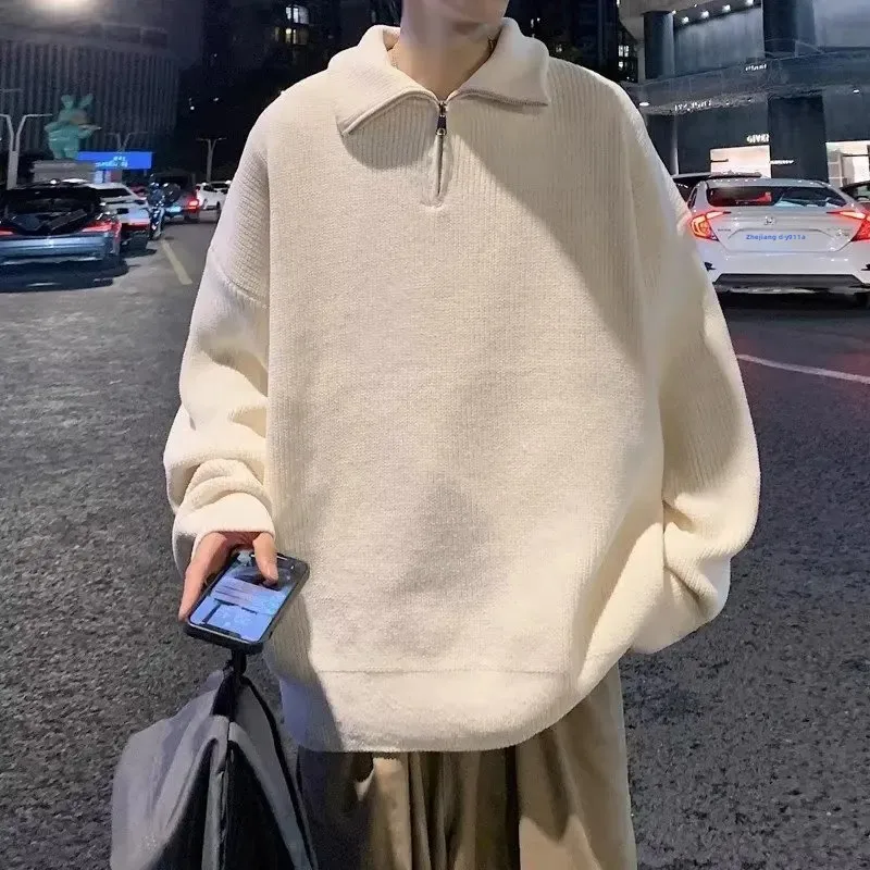 Модный мужской свитер с высоким воротником-поло на молнии свободное вязаное