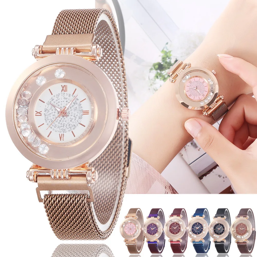 

Women Casual Electronic Watch Diamond Inlay Round Dial Wrist Watch with Magnet Buckle Strap Watch Casual Women H9