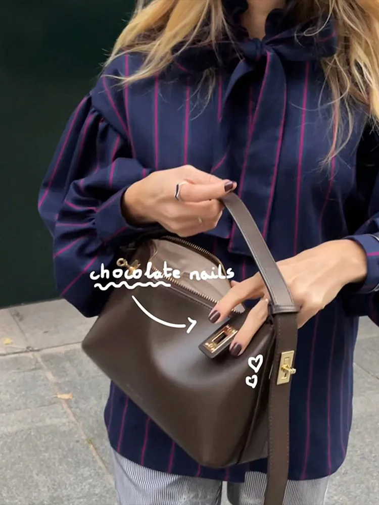 Повседневная полосатая женская рубашка с круглым воротником и длинными рукавами