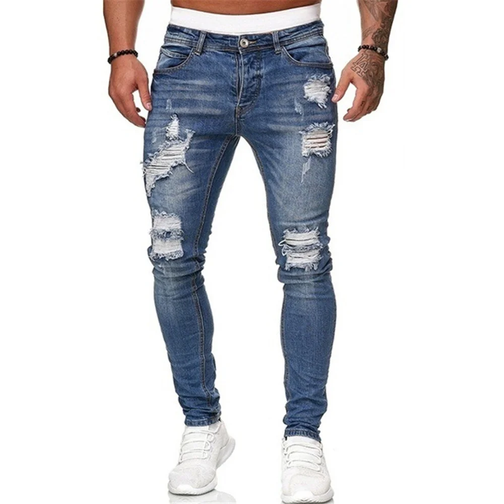 Mens Jeans Casual Skinny Ripped HOLE Stretch Slim Elastic Denim Pants Large Size For Male Hip-hop Jogging Biker Jeans