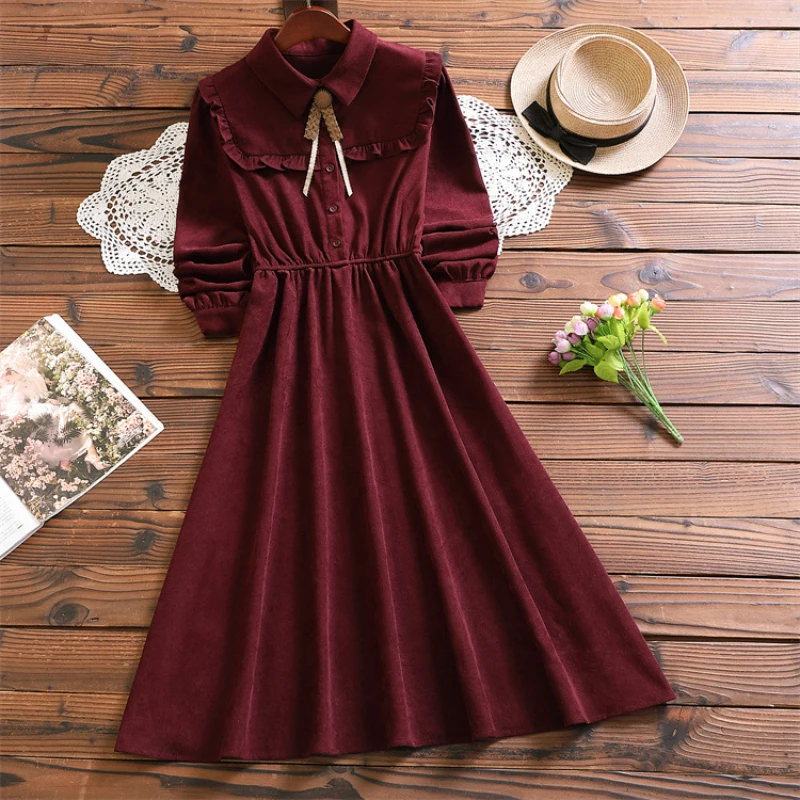 

Japanese Mori Girl Style Autumn Corduroy Sweet Dress Women Long Sleeve Peter Pan Bow Collar Retro Vintage Elegant Long Dresses