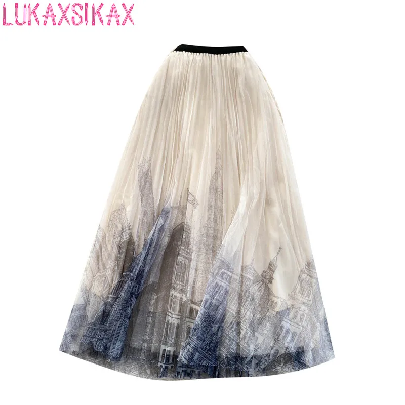 

LUKAXSIKAX 2022 New Spring Autumn Women Elastic High Waist Slim Long Skirt Korean Fashion Retro Print Pleated Mesh Skirt