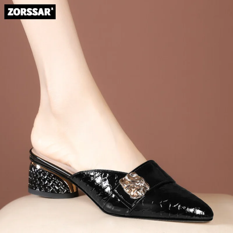 

2023 New Women Sandals Summer Fashion Ladies Slides Pointed toe Low heel Mules Shoes Outdoors women Slippers Plus Size 34-41