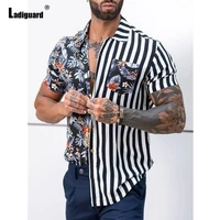 ladiguard sexy men short sleeve blouse 2022 single breasted tops homme patchwork flower striped shirts clothing plus size s 5xl