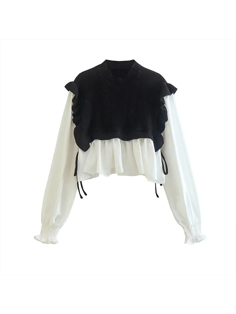 

BM&MD&ZA Women 2022 Autumn Fashion splicing frenulum decorate Cropped Knitted coat Vintage Long Sleeve Female Pullovers Tops