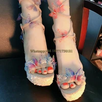 floral butterfly bohemian platform bottom straw wedge sandals woman summer 2022 bling crystal cross strap womens shoes