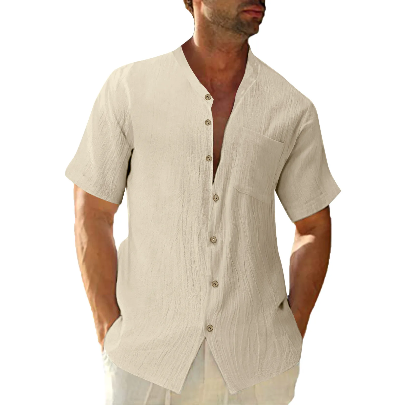 

Men Fashion Casual Solid Color Pocket Single Breasted Cotton Linen Shirt Short Sleeve Top Comfy High Quality Tops Chemise Homme