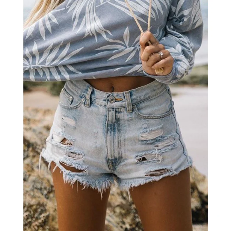 

Explosions Europe and The United States High Waist Hole Tassel Denim Shorts Women's Hot Pants Shorts