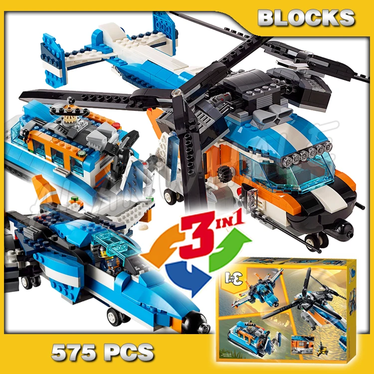 

575pcs 3in1 Dual-rotor Helicopter Jet Hovercraft ROV submarine 11400 Model Building Block Set Brick Compatible with