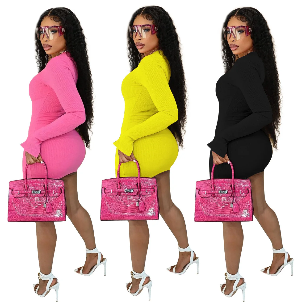 Party Solid Sexy Chain Long Sleeve Tight Slim Wrap Hip Dress