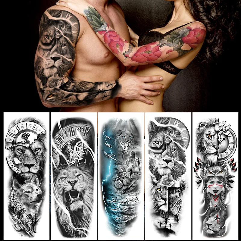 

Временные татуировки на всю руку, наклейки, боди-арт с Львом племени, черные водостойкие реалистичные искусственные татуировки для мужчин