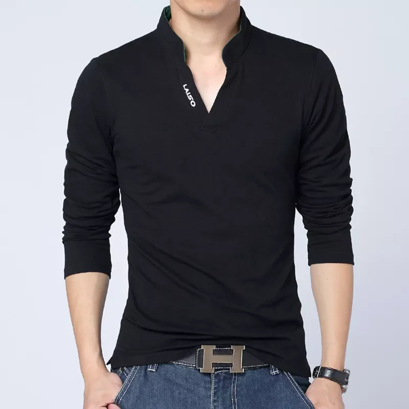 

NEW IN Men Casual Long Sleeve Mens Tshirts Fashion Slim Fit Cotton Brand Mens Clothing Harajuku Tshirts Men Mandarin Collar Tee