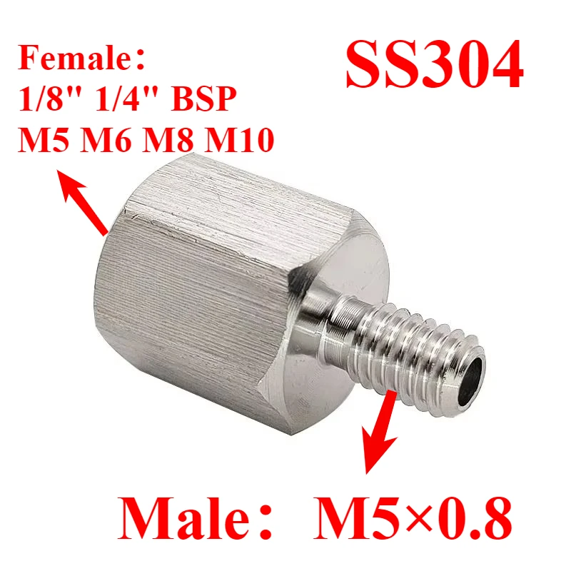 

M5 × 0,8 «папа-мама» M5 6 8 10 1/8 "1/4" BSP Шестигранная переходная втулка из нержавеющей стали 304, фитинг высокого давления для манометра