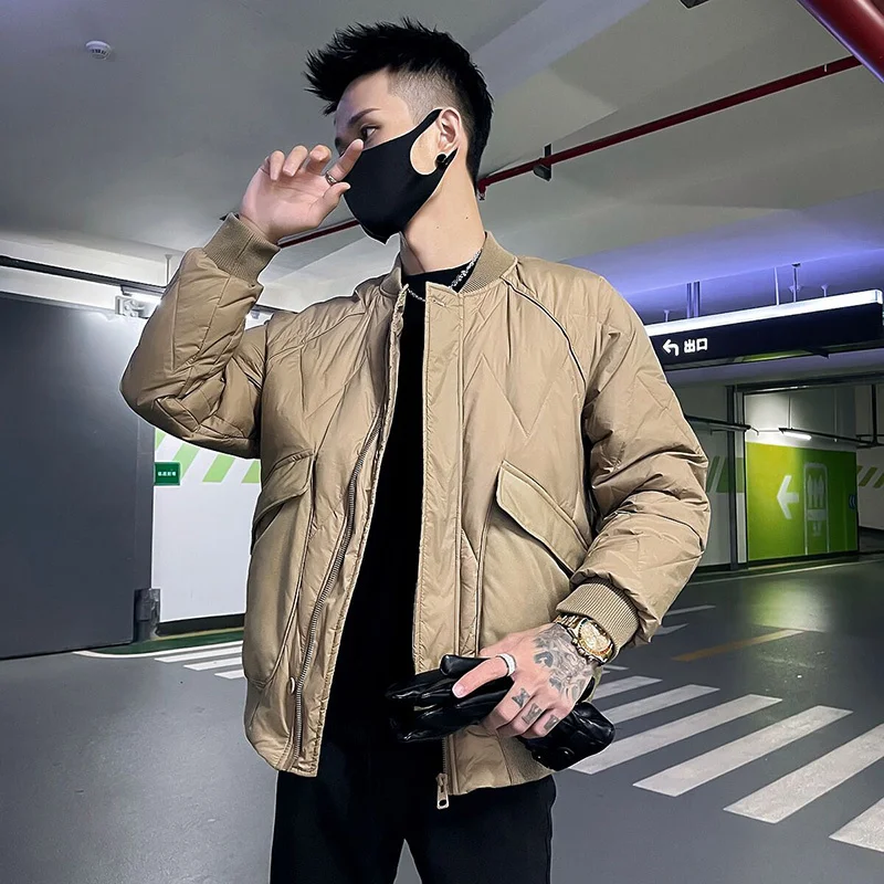

Fall Winter Korean Styles Men Short Baseball Hip Hop Stand Collar Big Pocket Diamond Grid Man White Duck Down Jacket