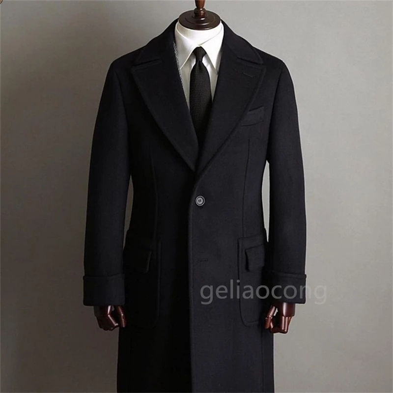 Men Long Coat Overcoat Black Woolen Blend Gentlemen Blazer Winter Warm Business Causal Party Prom Daily Tailored Jacket