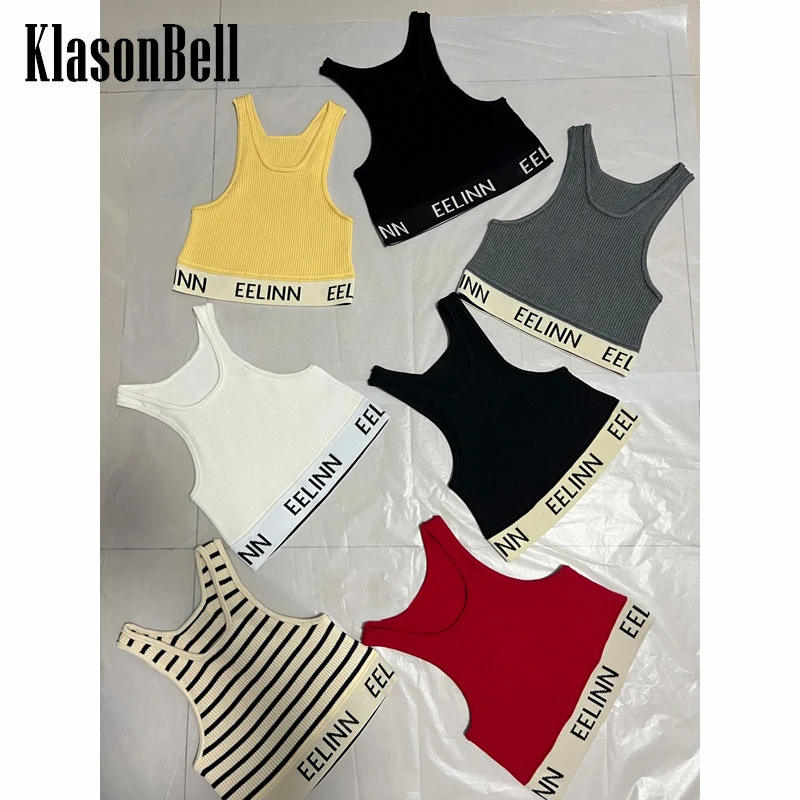 

4.14 KlasonBell Sports Fashion Elastic Slim Knitted Letter Striped Short Tank Top Women