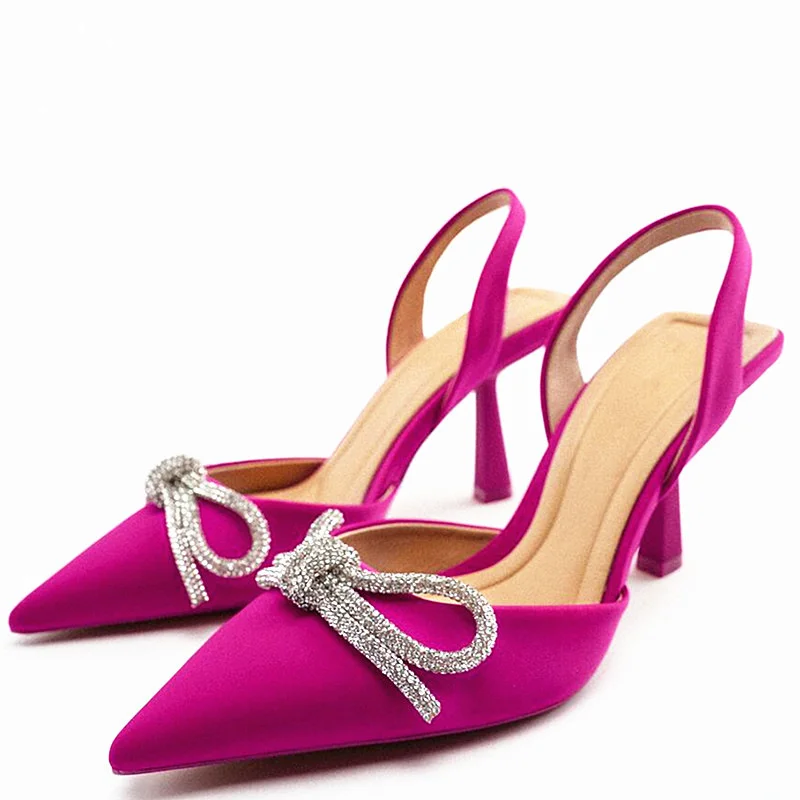 TSTCTB 2023 Woman Sparkly Bow Heels Fashion Bling Transparent Pointed Toes Sandals Elegant Slingback Crystal Female Party Pumps