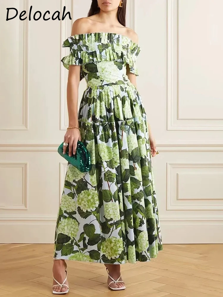 

Delocah High Quality Summer Women Fashion Runway Long Dress Sexy Spaghetti Strap Draped Green Small Floral Print Holiday Dresses
