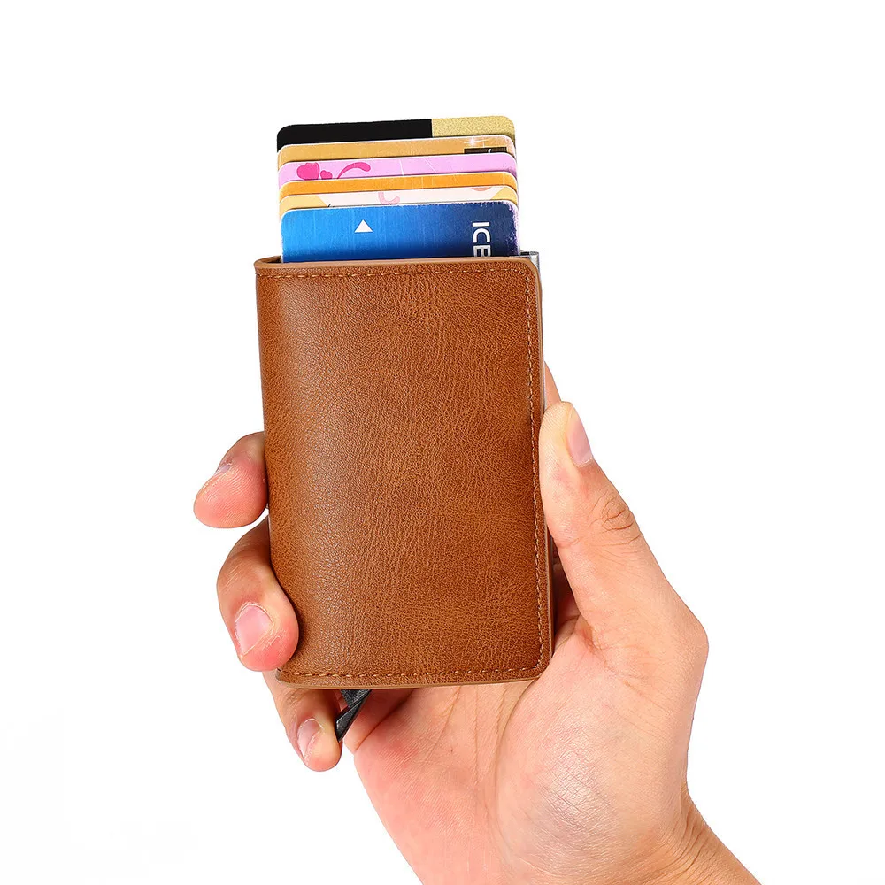 Business Mini Wallet RFID Blocking Men Women Credit Card Holder Aluminum ID Case Automatic Leather Cardholder |