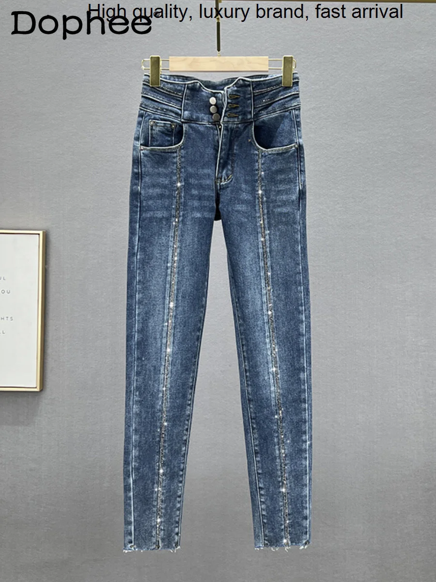 

New Winter 2023 Thin Velvet Jeans for Women's Stretch High Waist Slimming Heavy Rhinestone Tappered Pencil Pants Denim Trousers