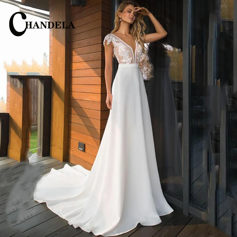 

CHANDELA Graceful Deep V-Neck Tank Sleeveless Backless Appliques A-Line Wedding Dresses For Bride Personalised Robe De Mariée
