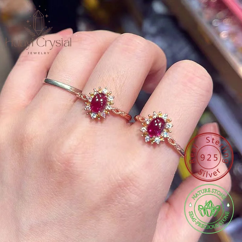 

Natural oval cut garnet wedding engagement ring adjustable with sun flower zirconia 925 sterling silver for woman
