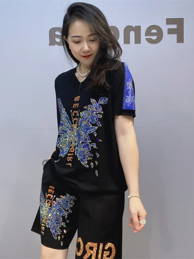 Блестящий Женский трикотажный комплект из двух предметов с блестками и