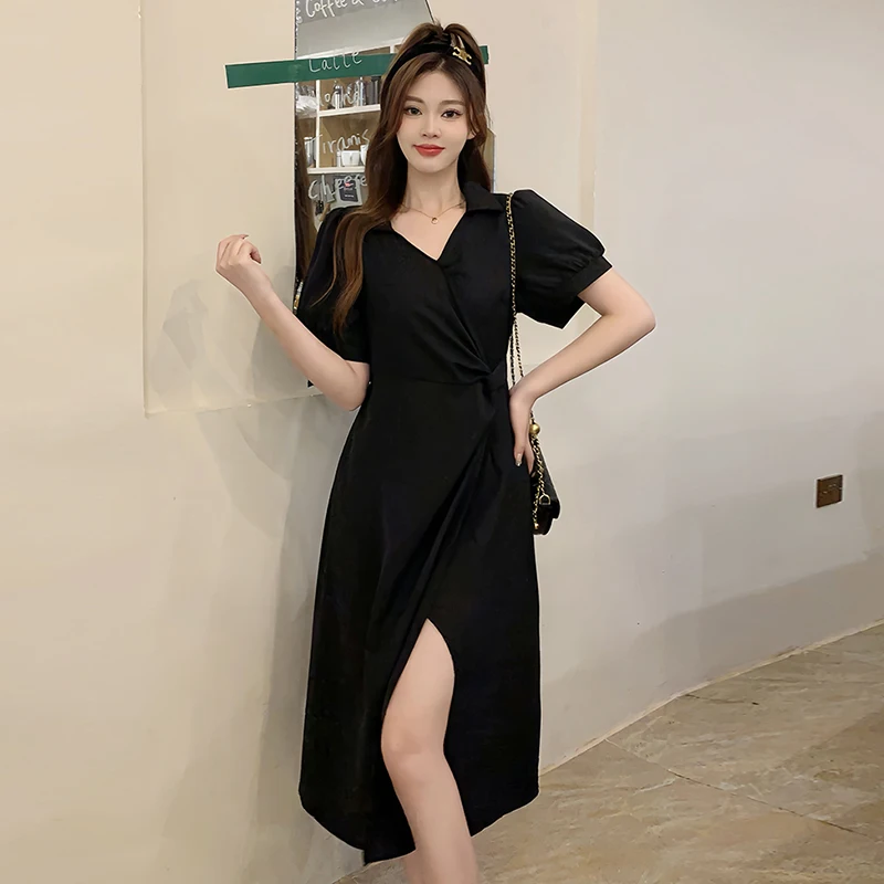 Женское длинное платье-рубашка с V-образным вырезом и коротким рукавом