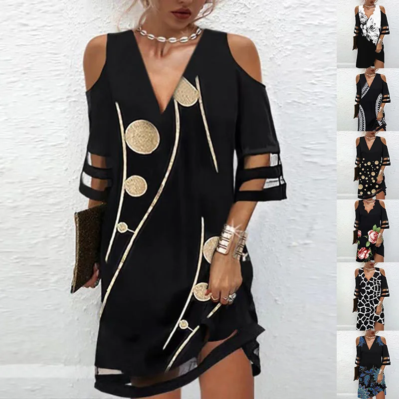 

Elegant Women Mini Dress Fashion Printed V Neck Mini Dress Casual Half Sleeve Dress Off Shoulder Loose Dress Femme Beach Dress