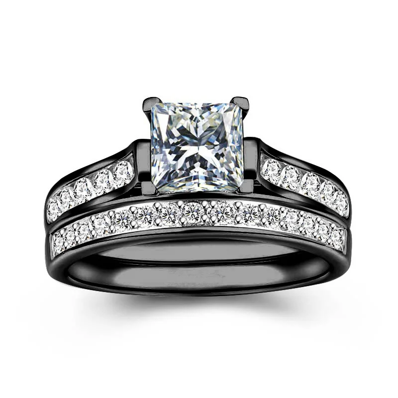 

Luxury Metal Plating Black Gold Inlaid Square White Zircon Rings 2 Piece Women's Pop Party Reception Rings
