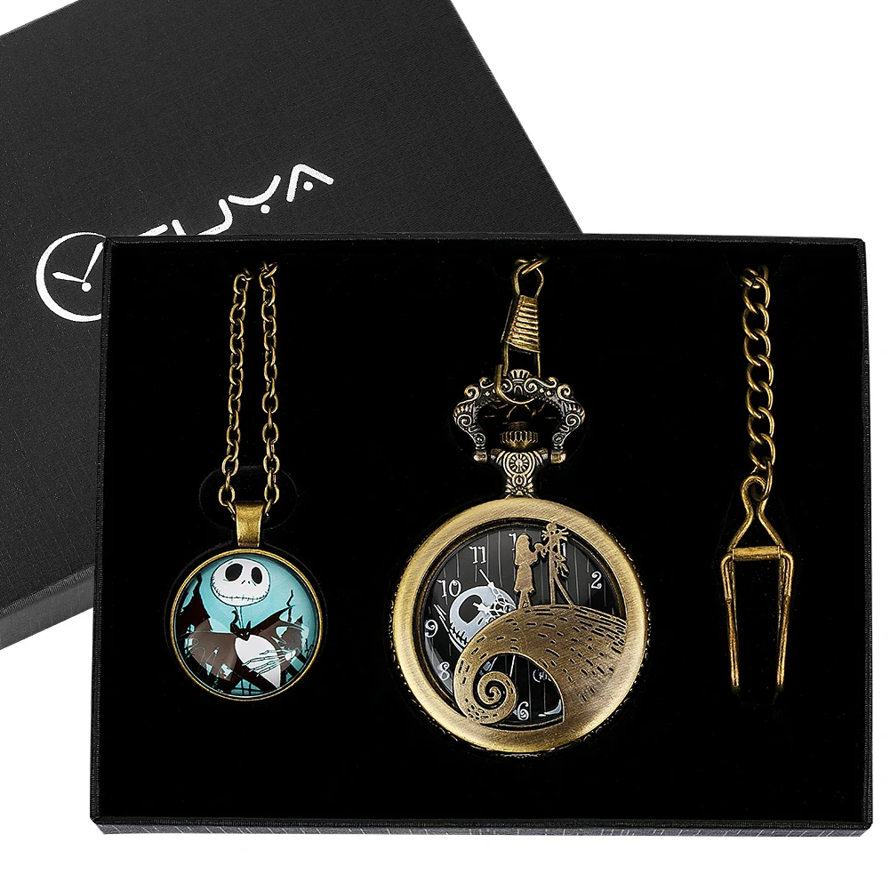 Skull Pocket Watch Necklace Pendant Luxury Gift Set Box Hollow Analog Bronze Quartz Fob Watch Chain Clock Relógio De Bolso