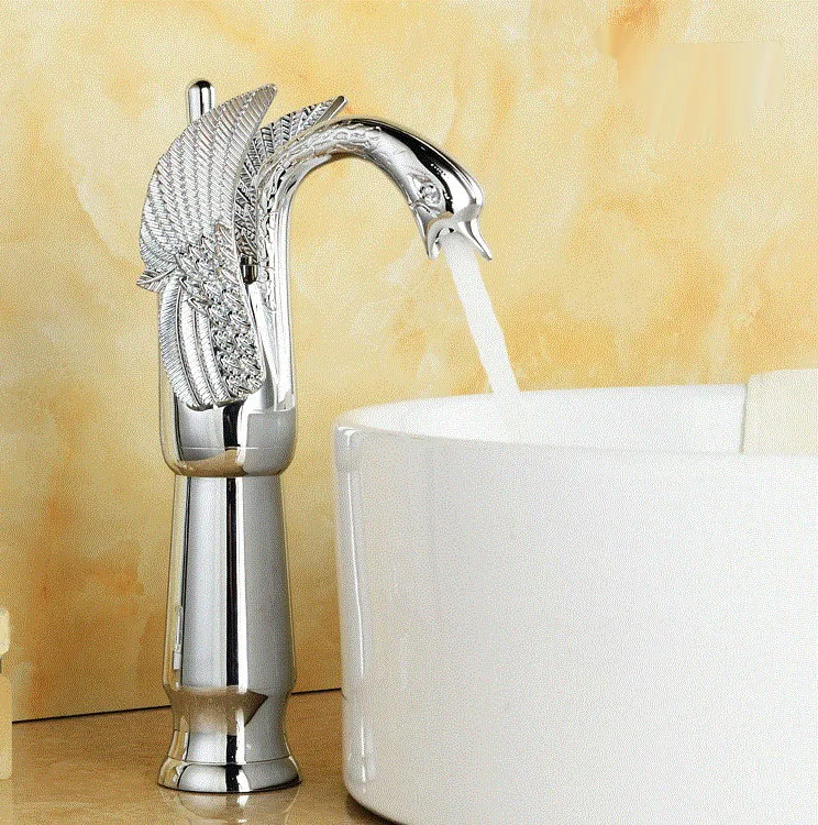 

Tall Polished Chrome Brass Carved Art Animal Swan Style Bathroom Sink Basin Mixer Tap Faucet One Hole Single Handle mnf176