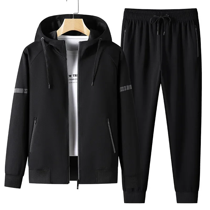 Spring Autumn Men's Sports Suit Jacket Long Pants Hooded Sweatshirt Cardigan Trousers Sport Plus Size