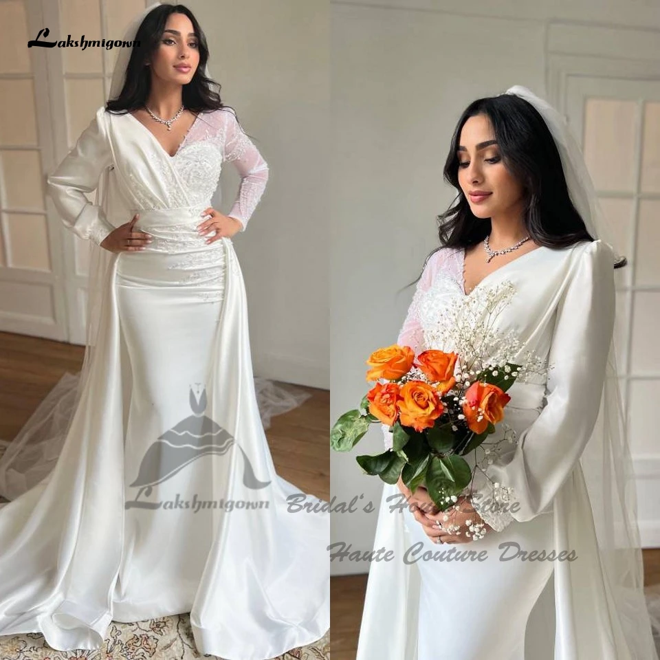 

Lakshmigown Soft Satin Mermaid Wedding Dresses Detachable Skirt 2024 Vestidos De Novia 2 en 1 Modest Women Muslim Bridal Gowns