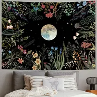 Moonlit Garden Tapestry Moon Tapestry Flower Tapestry Colorful Plants Tapestry Black Tapestries Wall Hanging Decor for Room