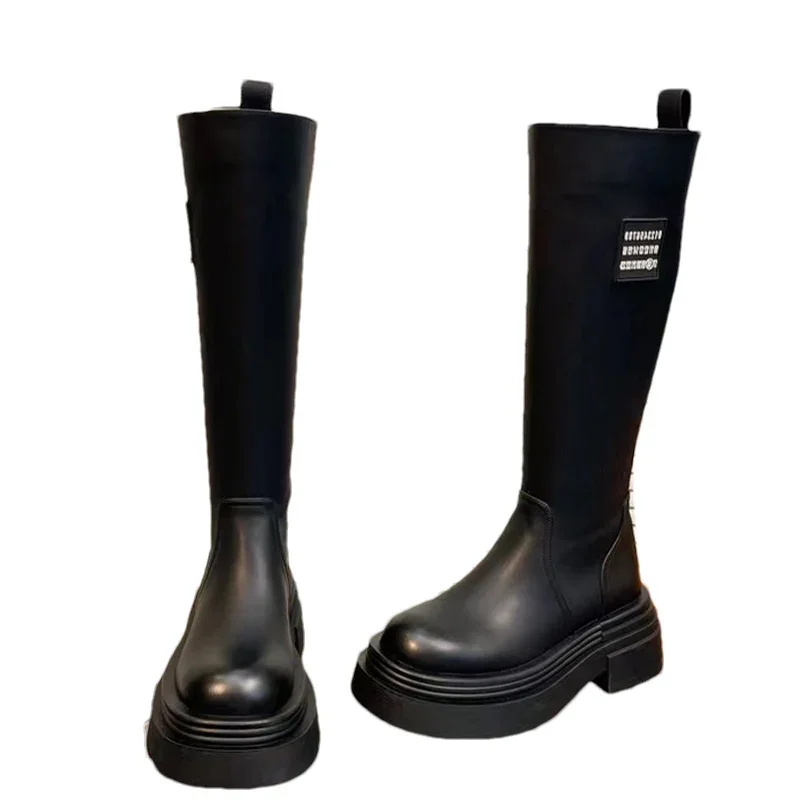 Женские высокие сапоги на платформе модная обувь среднем каблуке кожаные до